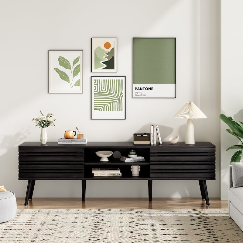 Mid Century Modern TV Stands for up to 70" TV with Storage, Fluted Wood TV Stand for Living Room, Boho Media Console