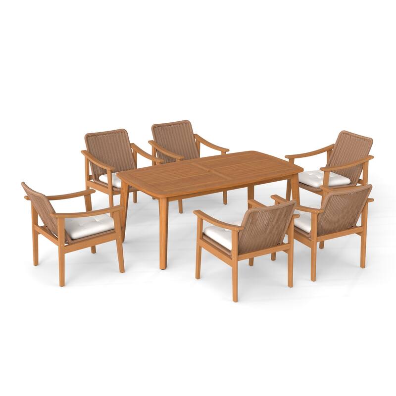 Outdoor Acacia Wood Dining Set with PE Wicker Rattan Dining Chairs And Table with Umbrella Hole 7-Piece Weather-resistant Set