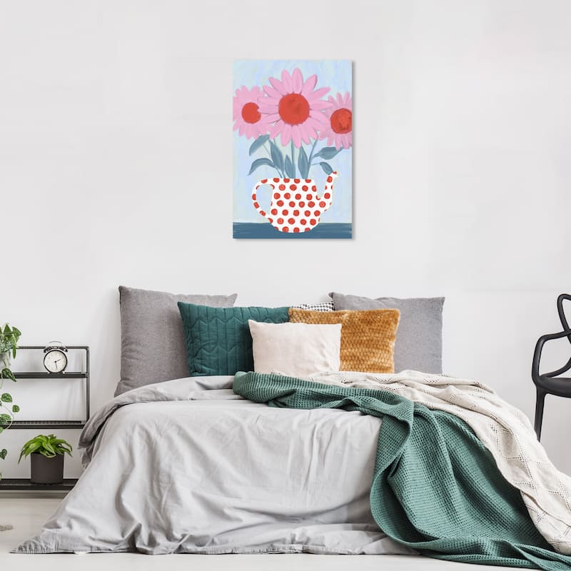 Wynwood Studio Canvas Floral and Botanical Pink Sunflowers Pink and Light Blue Bohemian & Eclectic Wall Art Canvas Print - 24 x 16