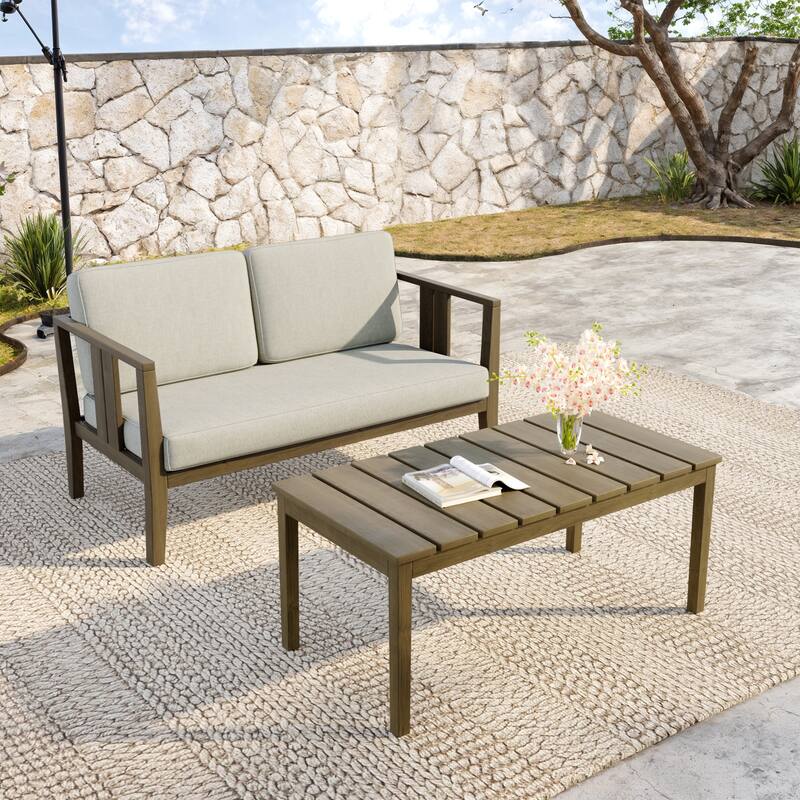 Teak Wood Water Resistant Outdoor Loveseat and Coffee Table Set (Set of 2)