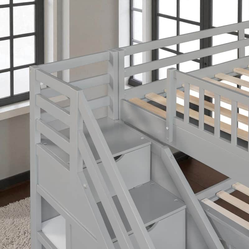 Twin Over Full L-Shaped Bunk Bed with Staircase, Storage Drawers and Shelves, Wood Frame for Kids or Teens
