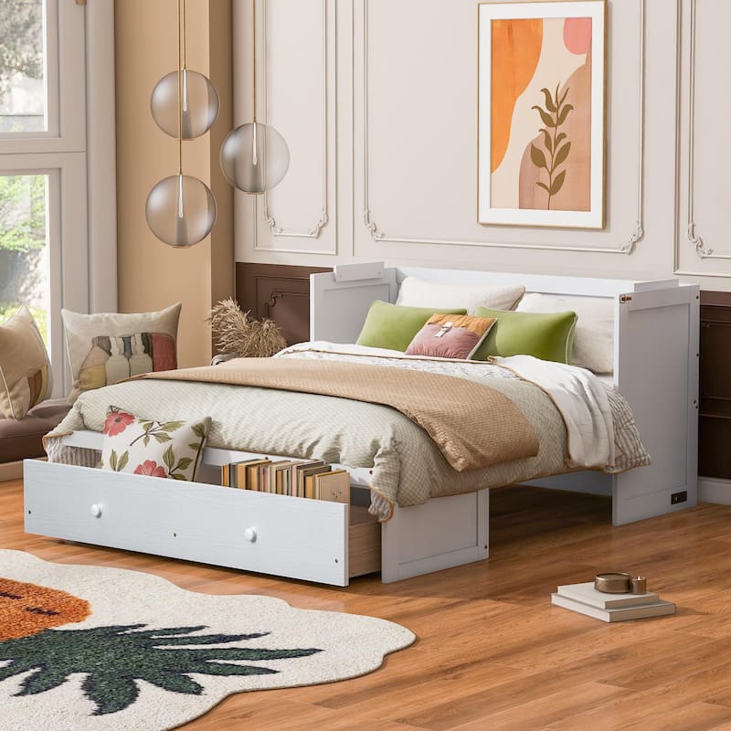 Queen Size Murphy Bed with USB Port, Large Drawer, and Space-Saving Design, White