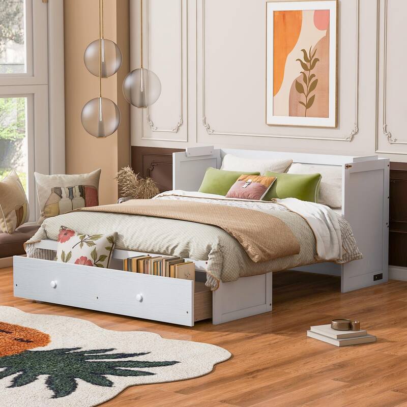 Queen Size Murphy Bed with USB Port and Large Drawer, Space-Saving Design, No Box Spring Needed, Espresso Finish