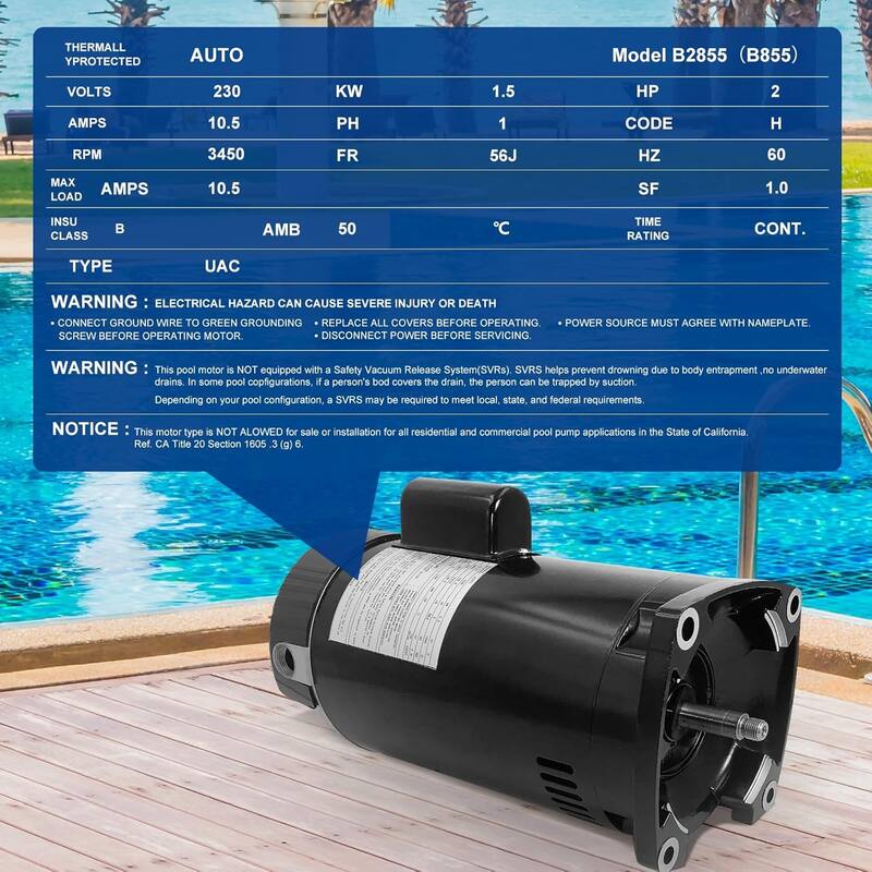 2 HP Stainless Steel Continuous Single Phase Pool Pump Motor B2855