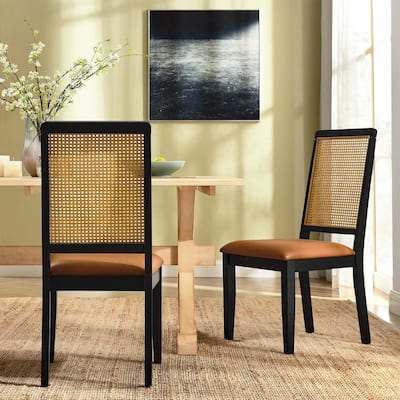 Arlo Vegan Leather Upholstered Faux Rattan and Wood Dining Side Chairs - Set of 2