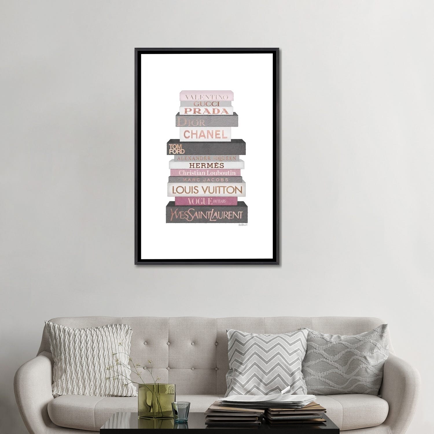 Tall Grey & Pink Fashion Books Throw Pillow By Amanda Greenwood