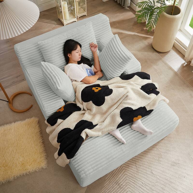Lazy Sofa Chair Single Chaise Lounge Corduroy Upholstered Sleeper Sofa Ergonomic Couch Chair with Full Foam Cushion and Pillows - Light Grey