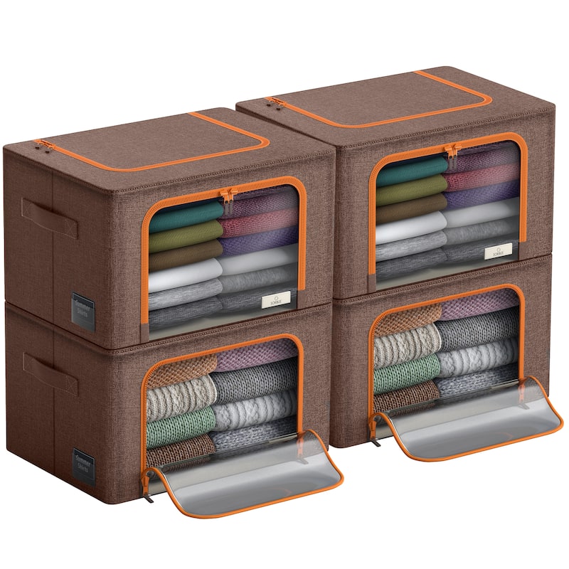 Sorbus Storage Bins with Metal Frame Stackable Foldable Clothes Organizer Bags Oxford Fabric With Clear Window & Handles- 4Pk - Brown