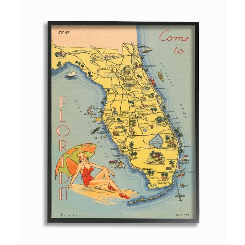 Stupell Antique Florida Map Retro Beach Girl Postcard Print Framed Wall Art