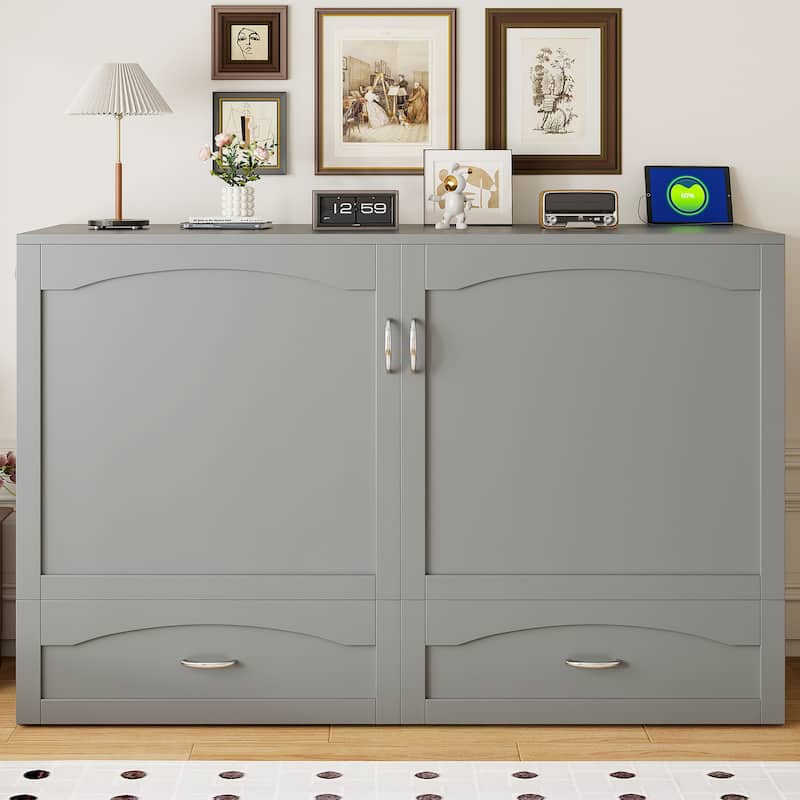 Folding Murphy Bed Queen Size Wall Cabinet Bed with Storage Drawer, Charging Station and Pulley Structure Design - Grey - Queen