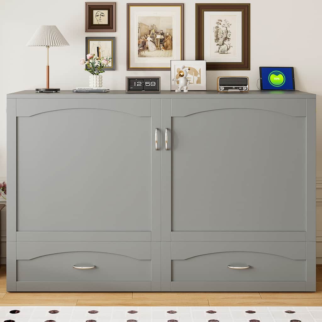 Queen Size Pull Out Murphy Bed Wall Bed with Charging Station, Storage Murphy Cabinet Bed with 2 Drawers, No Box Spring Needed