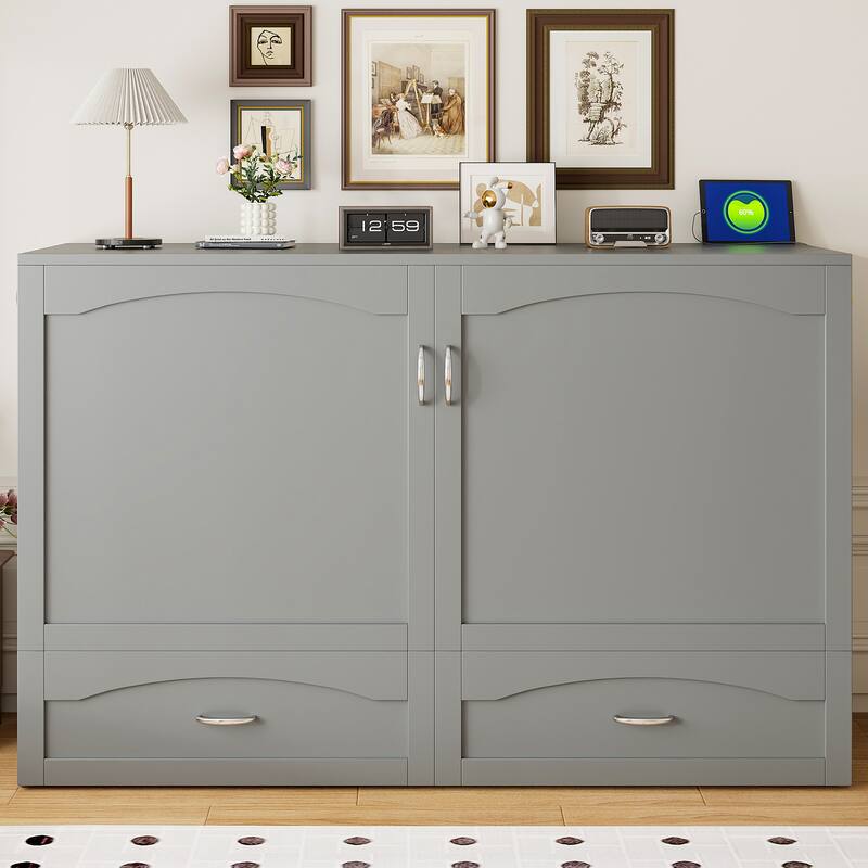 Queen Size Wall Bed with Drawers, USB Ports, and Pulley Design, Gray