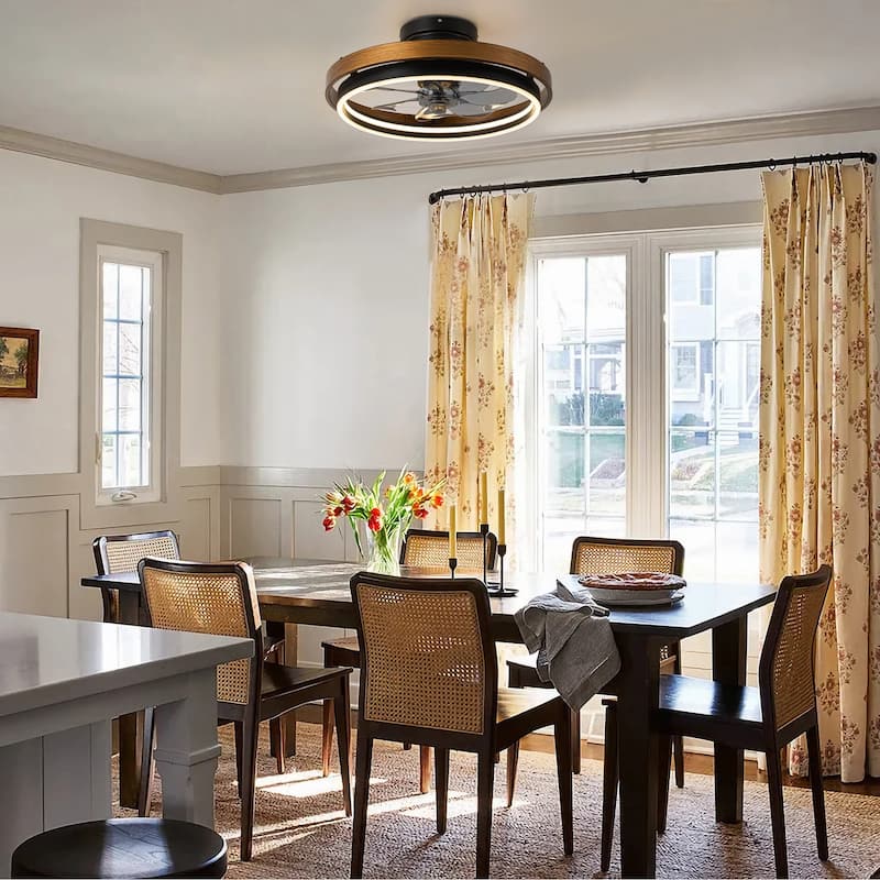 20 in. Farmhouse Black Wheel 3-Color Temperature LED Semi-Flush Mount Fan Light, Remote Control Included