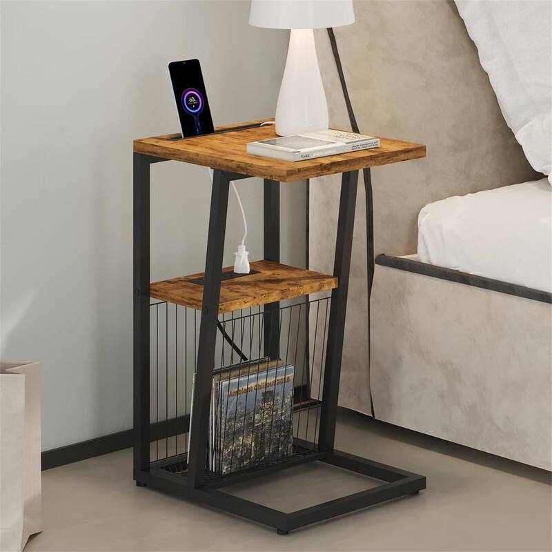 C Shaped Nightstand End Table - 11.8"D x 15.7"W x 24.02"H - Rustic Brown and Black