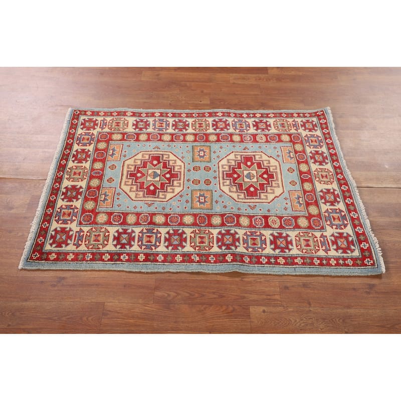 Light Blue Kazak Oriental Accent Rug Handmade Geometric Wool Carpet - 2'9" x 3'10"