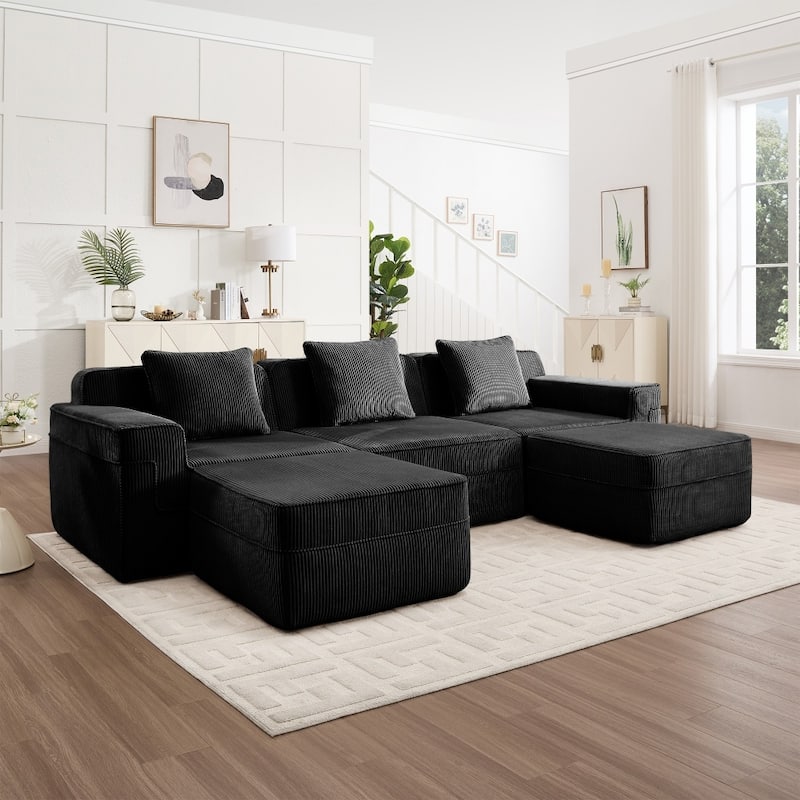 Modular 3-Seat Sectional Sofa with Throw Pillows and 2 Movable Ottomans - Black