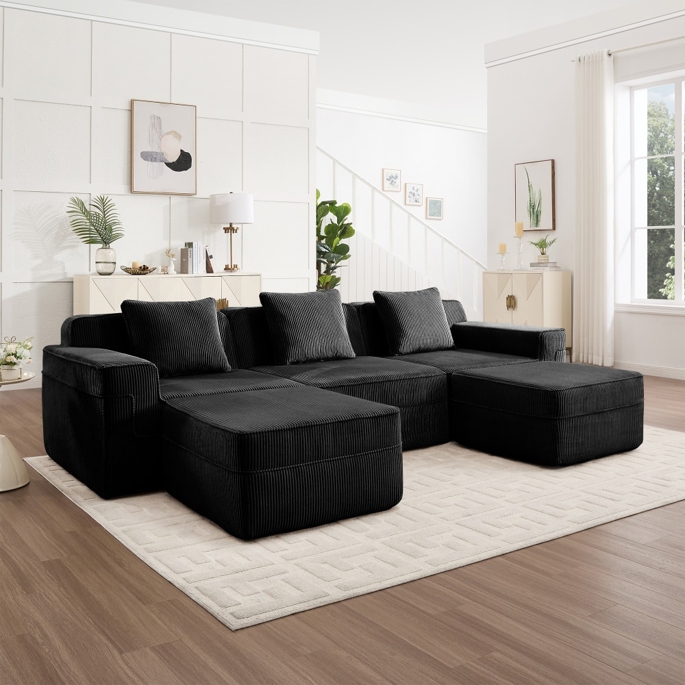 Modular 3-Seat Sectional Sofa with Throw Pillows and 2 Movable Ottomans