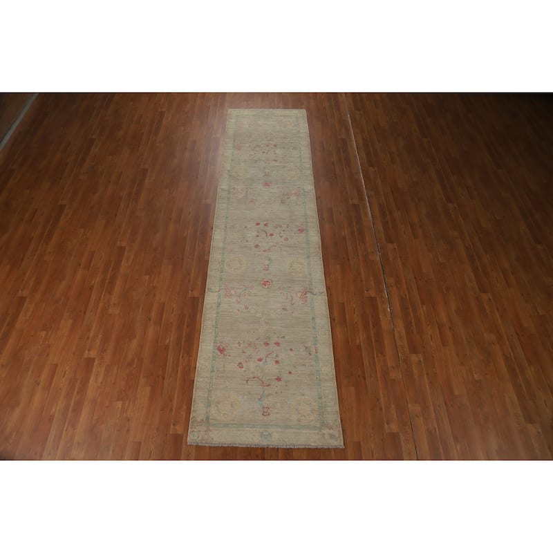 Hand Knotted Oriental 100% Wool Carpet Transitional All-Over Beige & Ivories Oushak Runner Rug - 11' 9'' X 3' 0''