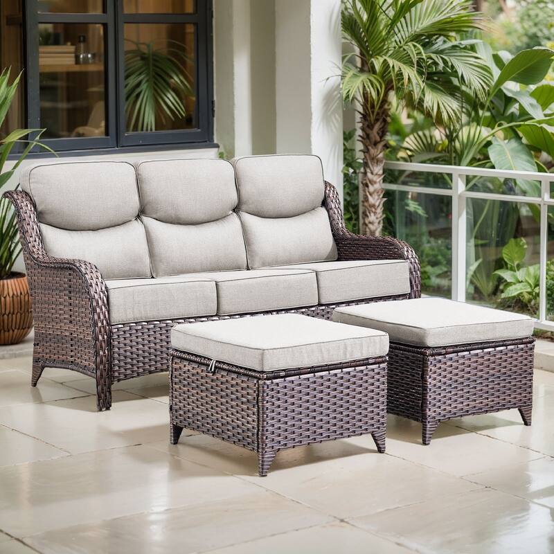 Arcadia 3-Seat Wicker Patio Sofa with 6-Inch Thick Cushions and 2 Ottomans - Beige Cushions - Brown Wicker
