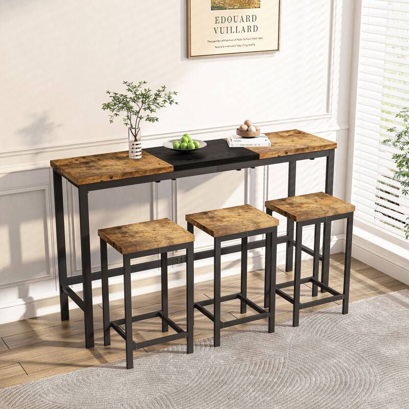 4-Piece Modern Design Kitchen Dining Table, Pub Table, Long Dining Table Set with 3 Stools, Convenient Hanging Stool Design