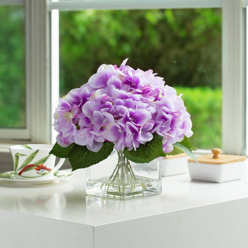 Silk Pink Hydrangea Artificial Flowers in Vase with Faux Water, Silk Flower Arrangements in Vase for Home Decor, Wedding Table