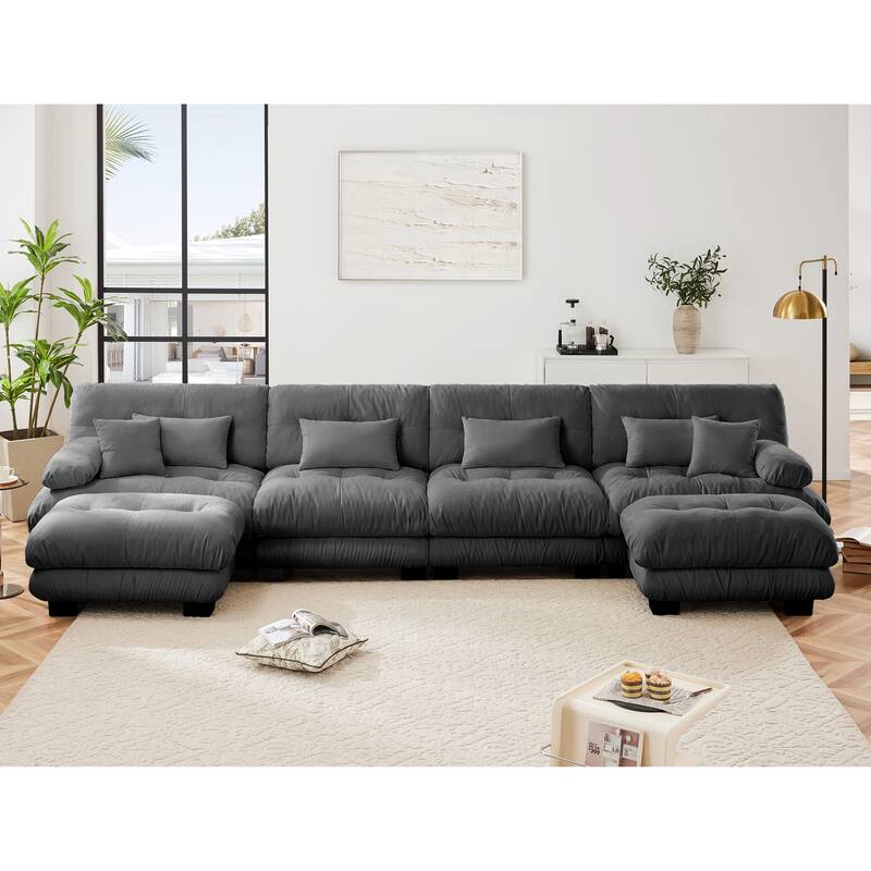Free Combination Modular Chenille Sectional Sofa Comfy Cloud Couch for Living Room - 4 Seats + 2 Ottoman - Grey
