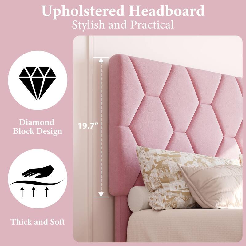 Pink Full Bed Frame with Upholstered Headboard, Heavy-Duty Platform Bed Frame with Strong Wood Slats, No Box Spring