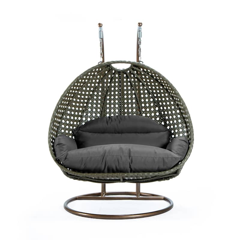 LeisureMod 2-Person Hanging Egg Swing Chair with Metal Stand - Handcrafted Beige Wicker, Patio Hammock Lounger with Cushions