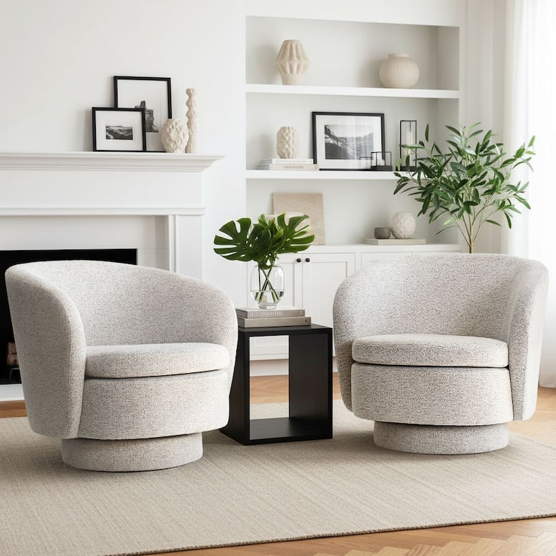 Upholstered 360° Swivel Barrel Chair with Curved Backrest（Set of 2） - Beige