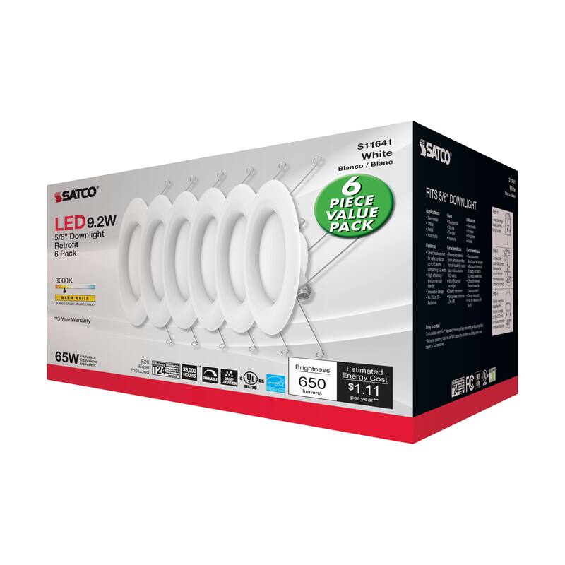 9.2 Watt LED Downlight Retrofit 5-6 inch- 90 CRI 3000K 120 Volt Pack of 6