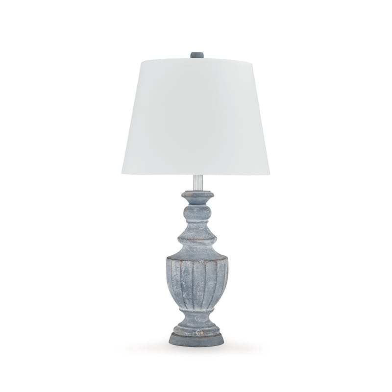 Rick 32 Inch Table Lamp, White Empire Fabric Shade, Turned Blue Terracotta