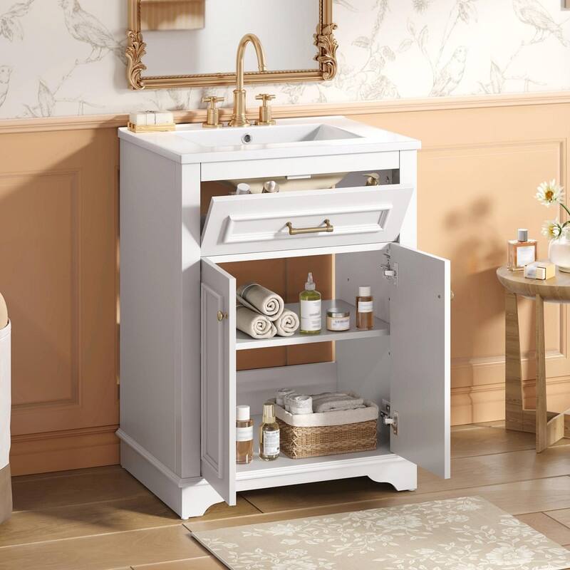 24" Bathroom Vanity with Integrated Ceramic Sink, Cabinet with 2 Doors and 1 Tip-Out Drawer, Single Sink Vanity