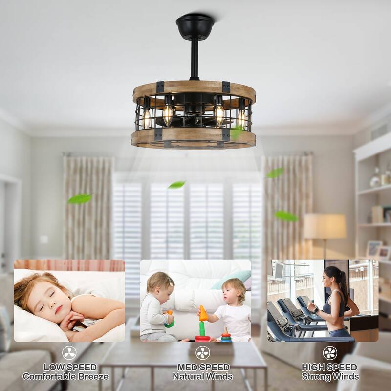 CurveCurio 20" Ceiling Fan Fanlight Soild Wood Frame w Metal Accents 6 Light 3 Fan Speed Quiet Fan w Remote - 18" *18" * 13"