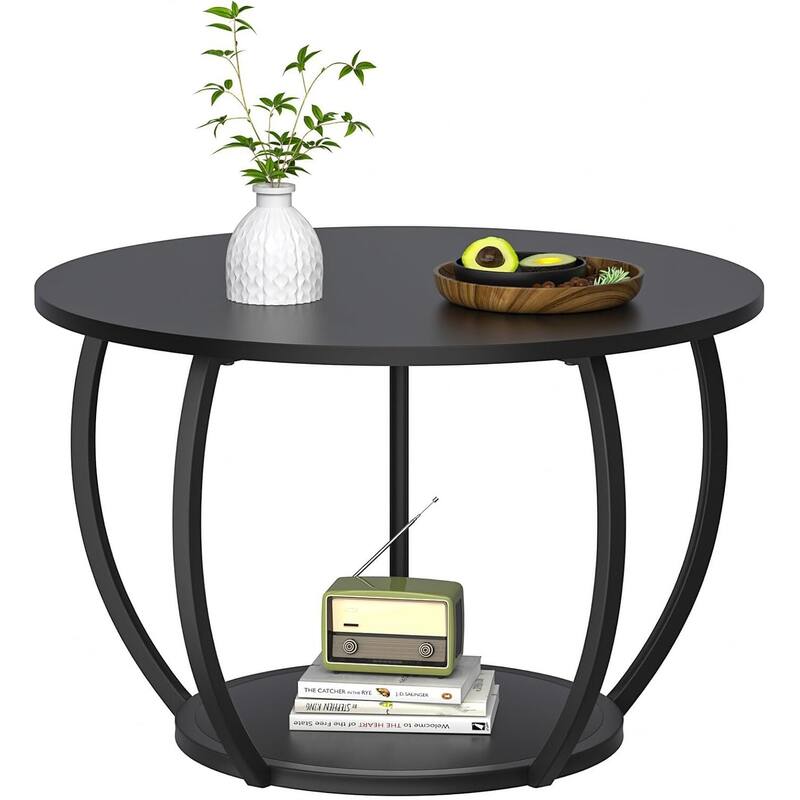 Round Farmhouse Coffee Table w/Storage & Adj. Feet for Small Spaces - Black