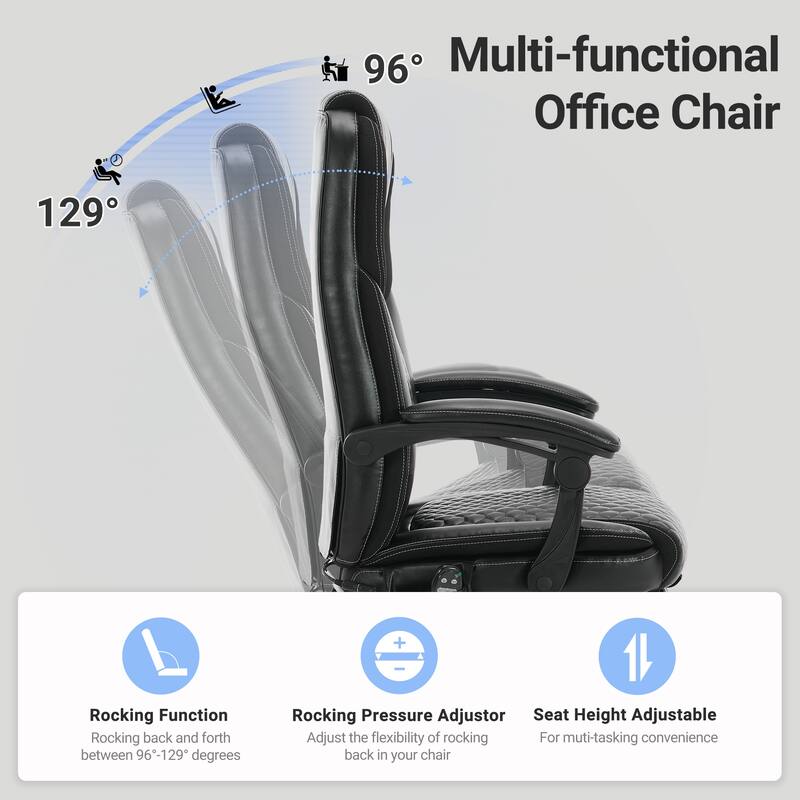 High-Back Executive Office Chair with Massage, Heat and Reclining Footrest - Ergonomic Leather Chair