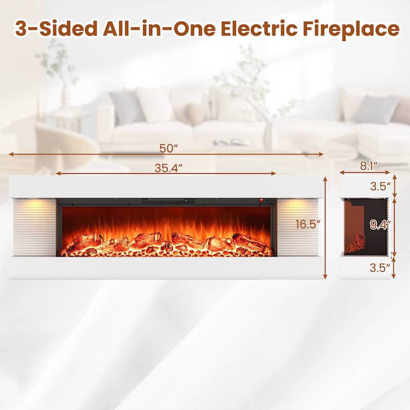 White Wall Mounted Floating Electric Fireplace with and 3-Sided Tempered Glass and Remote Control