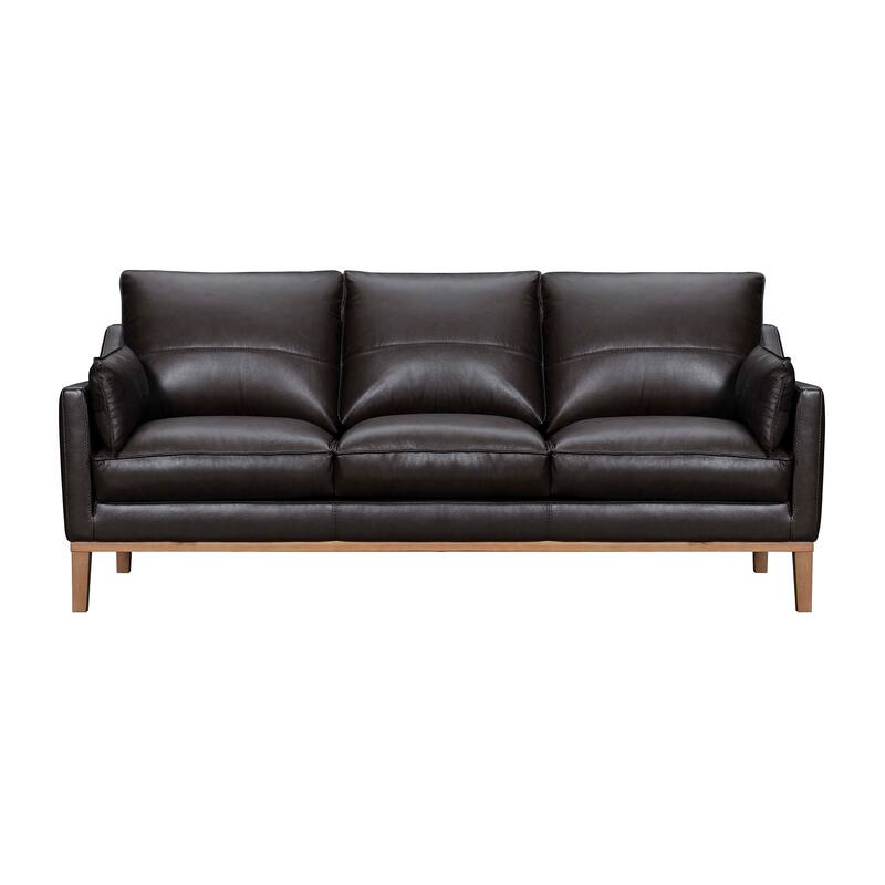 HomeRoots 87" Dark Brown Leather Sofa And Toss Pillows With Brown Legs