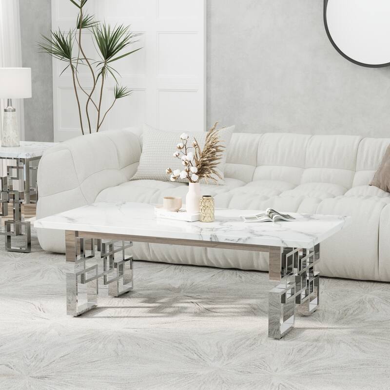 Faux Marble Coffee Table with Metal Legs for Living Room Office - Silver