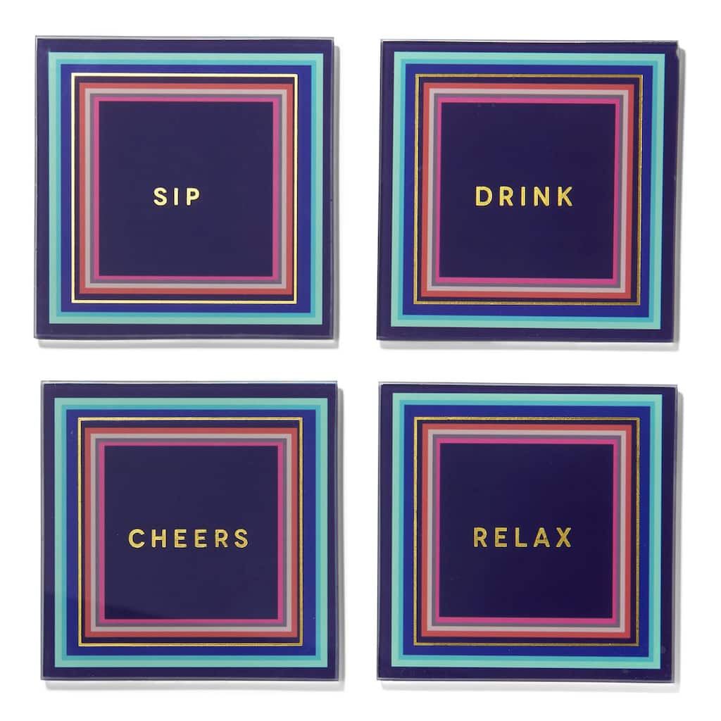 Cheers To You Aqua Set Of 4 Glass Coaster Set 4"D - 4 in. diameter