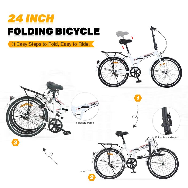 24 Inch Folding Bike with Fenders, Single Speed City Commuter Bicycle with Dual V-Brake, Steel Frame Portable Compact Bicycle
