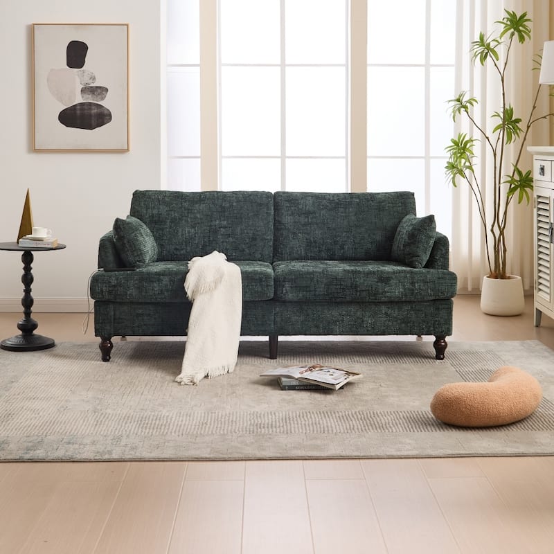 Modern Chenille 2-Seater Wood-Legged Sofa with LED light, USB Charging Port and Storage Bag