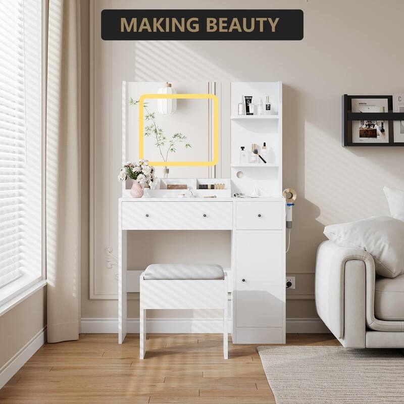 Vanity Desk with LED Mirror, 3 Drawers & Open Shelves, Charging Station, and Stool