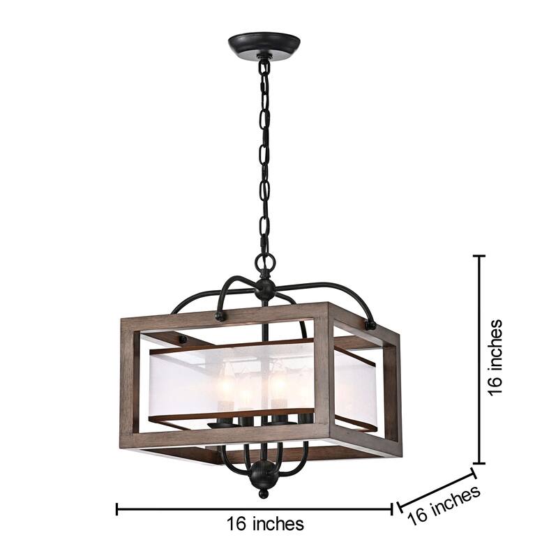 Alina Antique Black Metal Natural Wood Chandelier with Fabric Shade