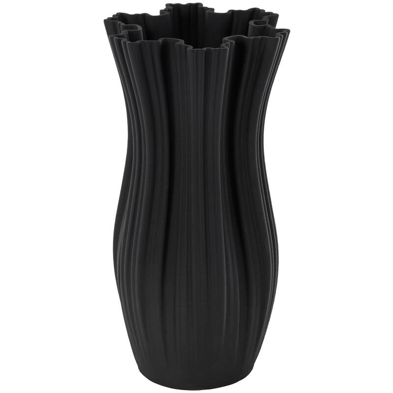 Black Ceramic Ribbed Tulip Inspired Abstract Vase with Floral Shaped Rim