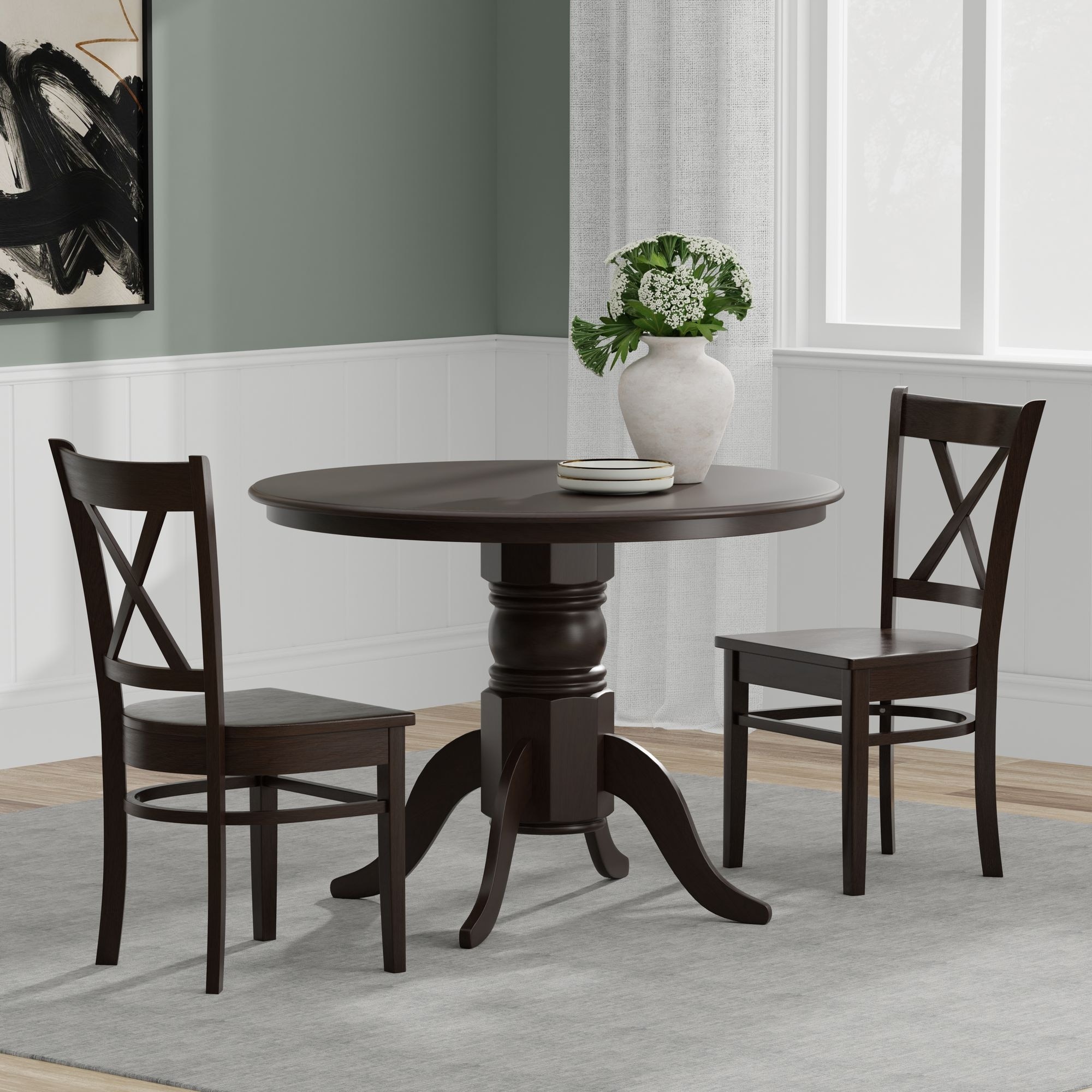 3-Piece Dining Set, 42" Round Pedestal Table and Cross Back Chairs