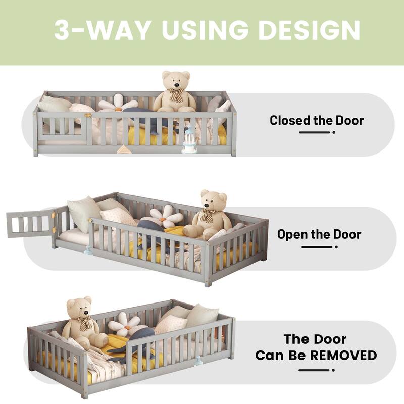 Twin/Full/Queen Size Floor Bed with Safety Guardrails for Kids, Wood Montessori Bedframe w/ Door, Children's Noiseless Beds