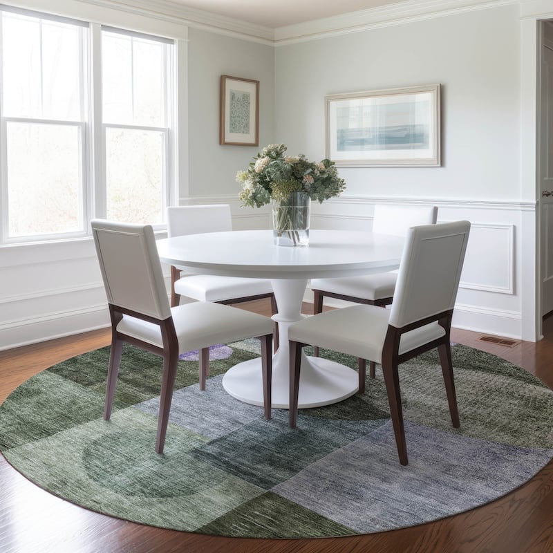 Machine Washable Indoor/ Outdoor Abstract Geo Chantille Rug - Olive - 8' x 8'