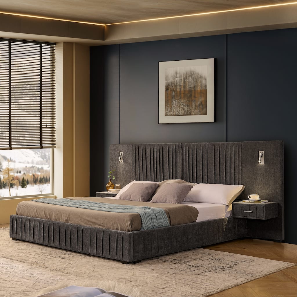 King Size Upholstered Platform Bed with Headboard, Bedside Table, and Adjustable Lamps in Dark Grey