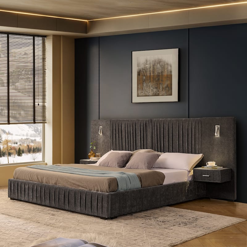 Pleating Upholstered Bed Platform Bed Frame with Enlarged Widened Headboard and Integrated Bedside Table Adjustable Bedside Lamp