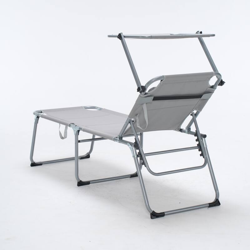 Folding Lounge Chair with Canopy, Patio Sun Tanning Chair, Outdoor Reclining Chair with Position Adjustable Backrest for Beach